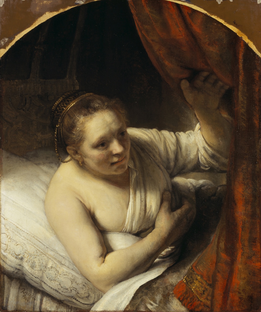 Rembrandt van Rijn A woman in bed 164(7?) oil on canvas 81.4 x 67.9 cm Scottish National Gallery, Edinburgh © Trustees of the National Galleries of Scotland ***This image may only be used in conjunction with editorial coverage of The Greats exhibition, 24 Oct 2015 - 14 Feb 2016, at the Art Gallery of New South Wales. This image may not be cropped or overwritten. Prior approval in writing required for use as a cover. Caption details must accompany reproduction of the image. *** Media contact: Lisa.Catt@ag.nsw.gov.au